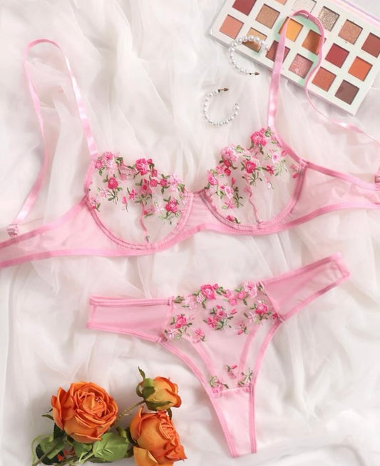 Pink Floral Lingerie Set
